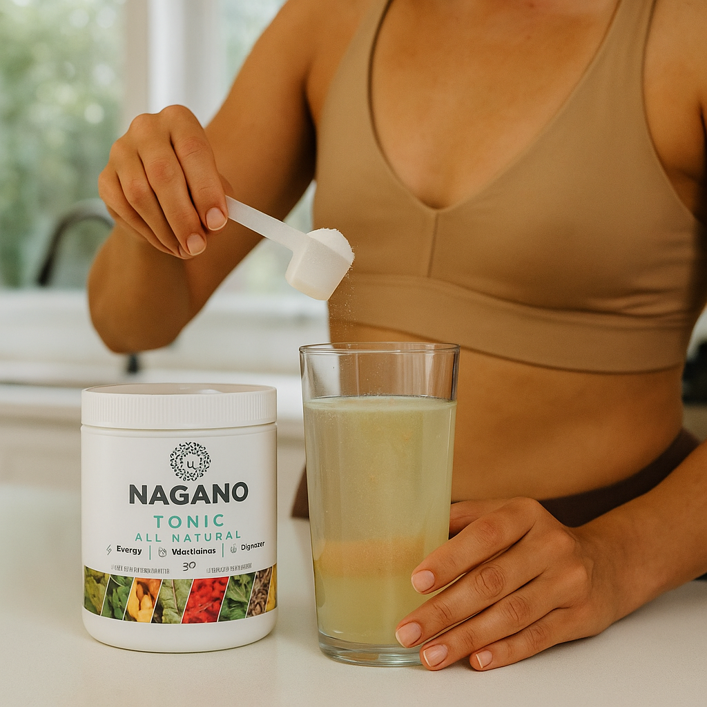 Person mixing Nagano Tonic in a glass of water