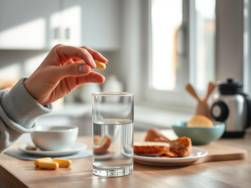 Person taking GLUCO6 supplement with water in the morning Person taking GLUCO6 supplement with water in the morning