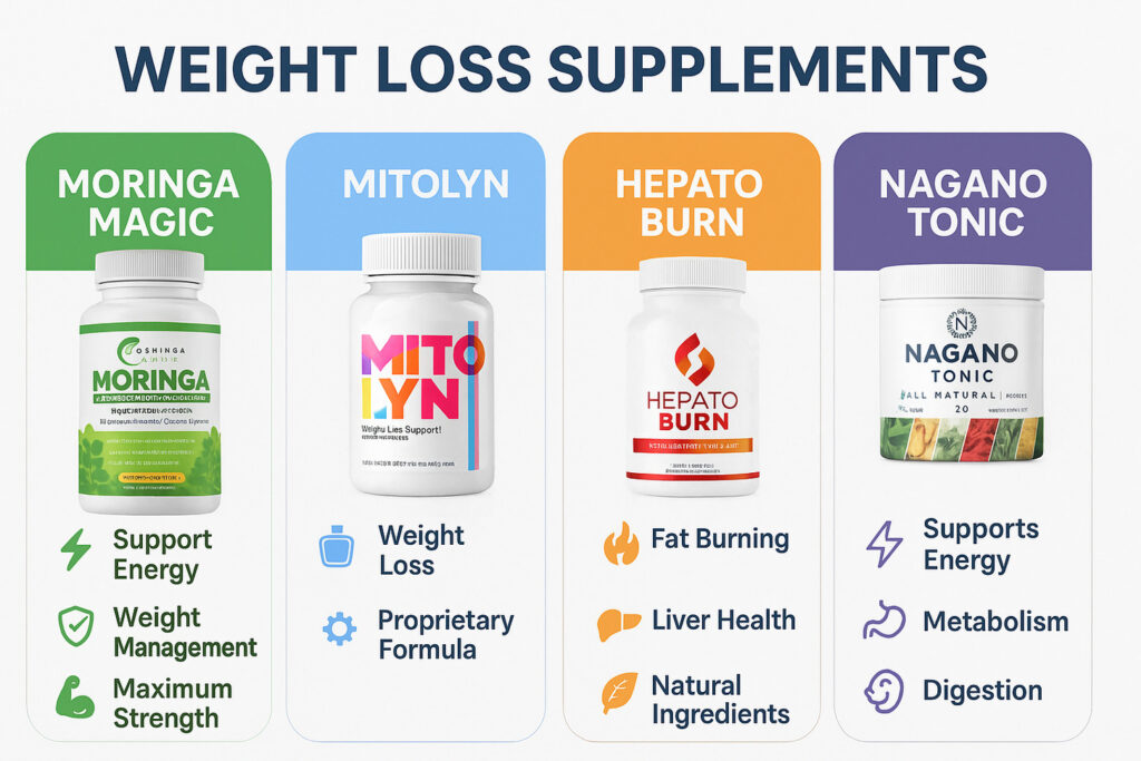 Side-by-side comparison of the 4 best weight loss supplements in 2025 showing their unique benefits Side-by-side comparison of the 4 best weight loss supplements in 2025 showing their unique benefits