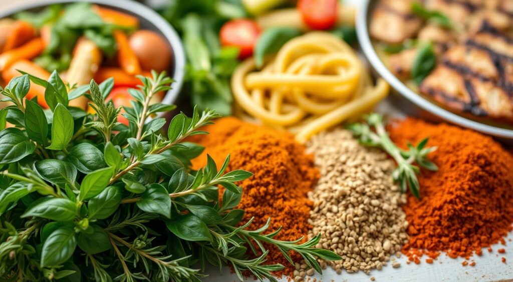 Vibrant Mediterranean-inspired dishes, featuring an array of heart-healthy herbs and spices. In the foreground, a selection of fresh basil, oregano, rosemary, and thyme leaves, their verdant hues and delicate textures inviting the viewer to imagine their aromatic qualities. In the middle ground, a variety of whole and ground spices, such as cumin, coriander, and paprika, conveying the warm, earthy tones that define Mediterranean cuisine. The background showcases a medley of Mediterranean-style dishes, including grilled vegetables, whole-grain pasta, and lean protein, all bathed in a soft, natural lighting that enhances the overall sense of health and vitality. The scene conveys a mood of simplicity, flavor, and wellness, perfectly aligning with the article's focus on the heart-healthy benefits of the Mediterranean diet.