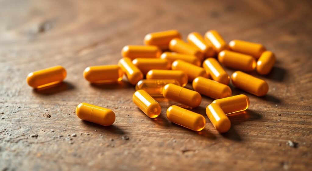 a close-up shot of a group of turmeric capsules arranged on a wooden table, lit by soft, natural lighting from the side. The capsules are golden-orange in color, with a matte finish, showcasing the vibrant hue of the turmeric. The table surface is textured, providing a rustic, earthy backdrop that complements the organic nature of the supplements. The image should convey a sense of quality, purity, and the potential benefits of turmeric for liver support.