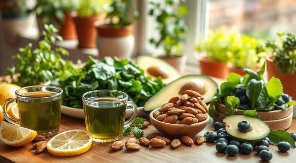a detailed still life photo of various green tea metabolism boosting foods arranged on a wooden table in natural daylight. in the foreground are cups of freshly brewed green tea, slices of lemon, and a bowl of almonds. in the middle ground are piles of spinach, avocado, and blueberries. in the background are potted herbs and a window overlooking a peaceful garden. the lighting is soft and diffused, creating a calming, healthy atmosphere. the composition is balanced and aesthetically pleasing, highlighting the vibrant colors and textures of the ingredients.