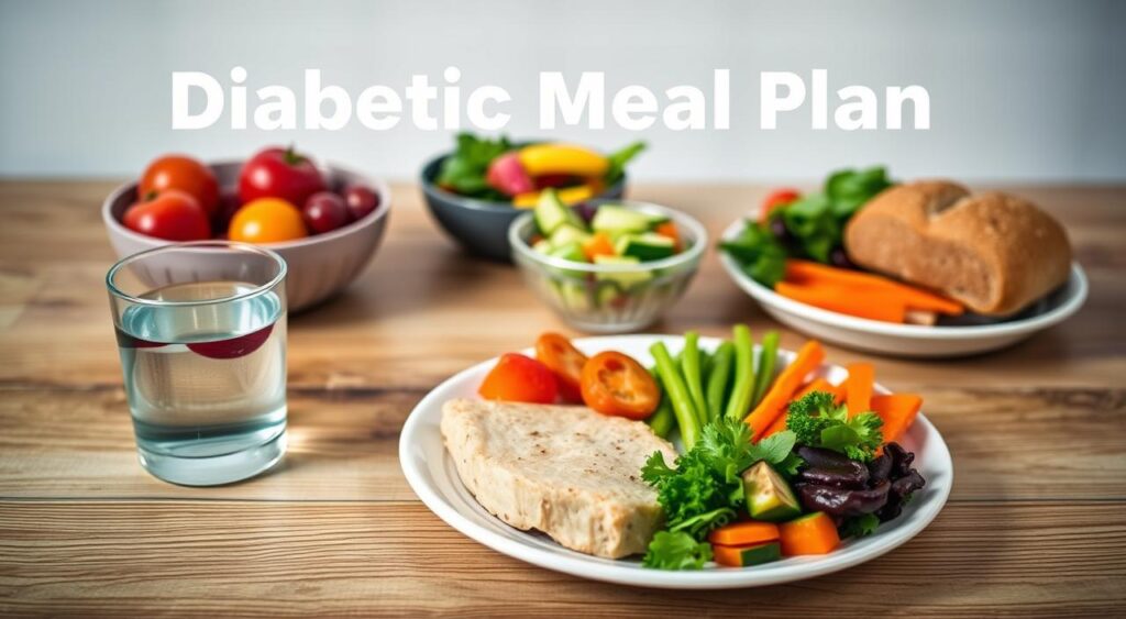 a well-organized diabetic meal plan for weight loss, featuring a selection of healthy, low-calorie dishes arranged on a wooden table with a light, airy atmosphere. The foreground showcases a plate with a balanced portion of lean protein, non-starchy vegetables, and a complex carbohydrate, complemented by a glass of water. In the middle ground, additional meal components are neatly presented, such as a bowl of fresh fruit, a salad, and a whole-grain roll. The background depicts a minimalist, natural-inspired setting with soft lighting, highlighting the nutritious and visually appealing nature of the meal plan. The overall composition conveys a sense of a well-balanced, diabetes-friendly diet that supports weight loss goals.