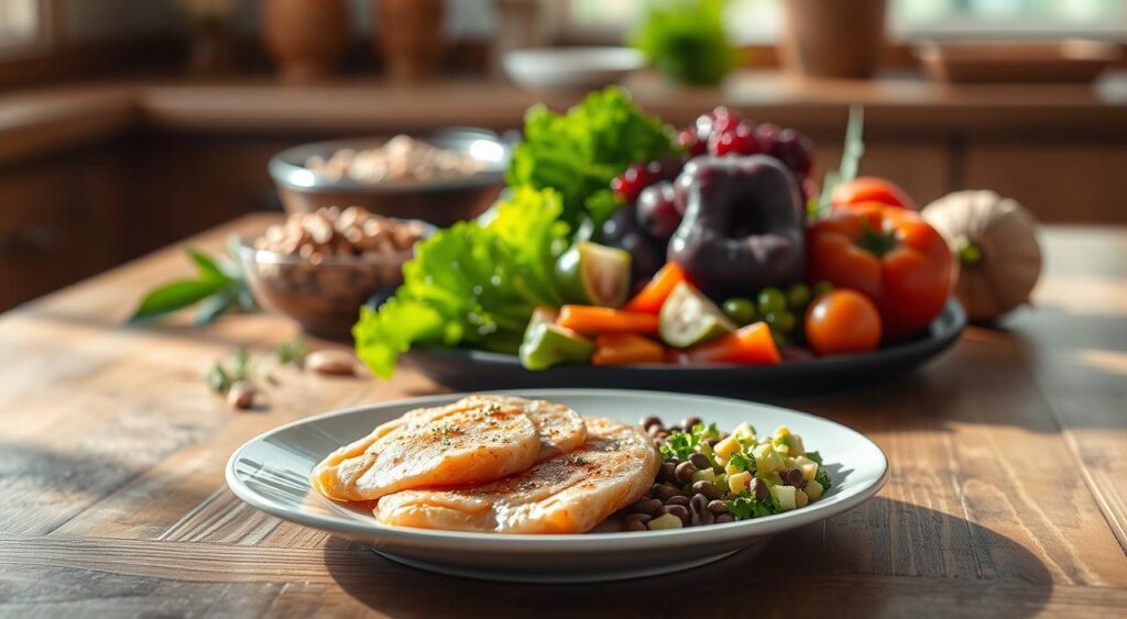 A balanced, nutrient-dense meal arranged on a wooden table, illuminated by soft, natural lighting. In the foreground, a plate showcases a harmonious composition of lean protein, complex carbohydrates, and vibrant vegetables, all strategically portioned to support healthy blood sugar levels. The middle ground features a selection of whole grains, legumes, and nuts, while the background subtly suggests the tranquil ambiance of a kitchen or dining space, hinting at the holistic approach to diabetes management through dietary choices. A balanced, nutrient-dense meal arranged on a wooden table, illuminated by soft, natural lighting. In the foreground, a plate showcases a harmonious composition of lean protein, complex carbohydrates, and vibrant vegetables, all strategically portioned to support healthy blood sugar levels. The middle ground features a selection of whole grains, legumes, and nuts, while the background subtly suggests the tranquil ambiance of a kitchen or dining space, hinting at the holistic approach to diabetes management through dietary choices.