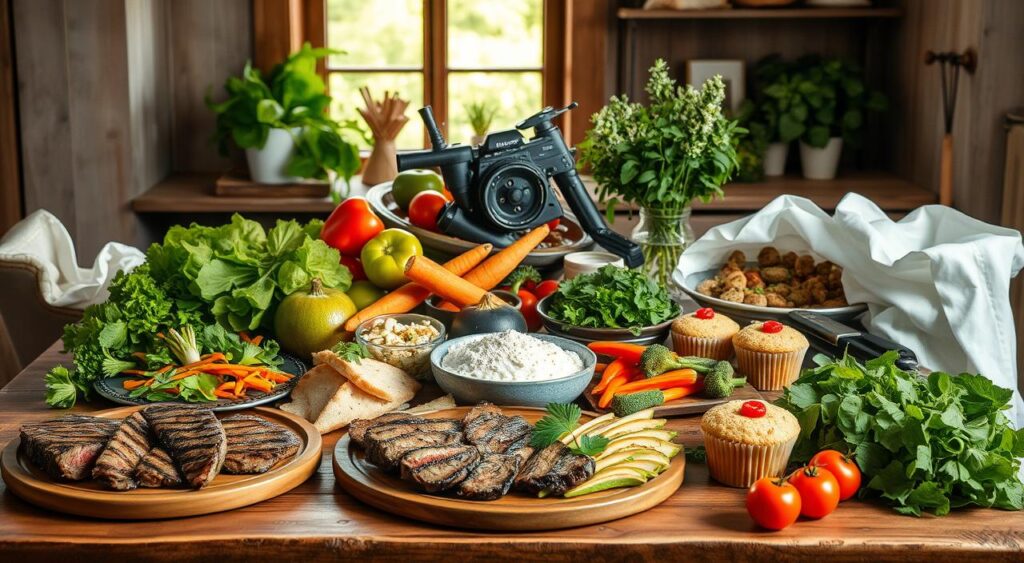 A beautifully curated selection of mouthwatering keto recipes, elegantly arranged on a rustic wooden table. The foreground features an array of low-carb dishes, such as juicy grilled steak, creamy avocado salad, and fluffy almond flour muffins. The middle ground showcases an assortment of vibrant vegetables, fresh herbs, and aromatic spices, creating a sense of culinary harmony. In the background, a soft, natural light filters through a window, casting a warm glow and highlighting the rich textures and colors of the keto-friendly ingredients. The overall scene conveys a sense of simplicity, nourishment, and the joy of mindful meal planning for a ketogenic lifestyle.