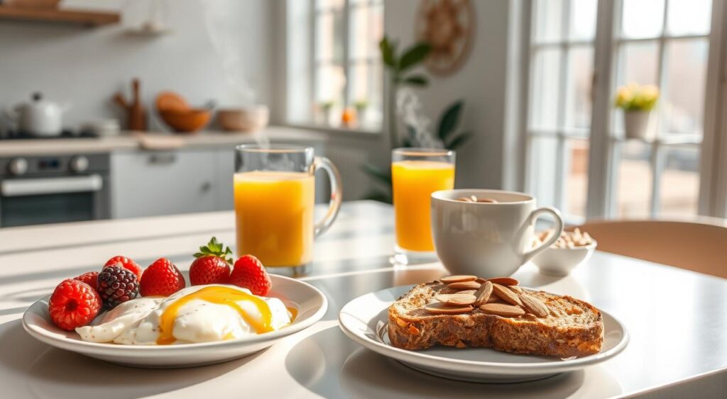 A beautifully lit, appetizing breakfast table showcasing healthy, low-calorie options for weight loss. In the foreground, a plate displays a balanced meal of scrambled egg whites, fresh berries, and a slice of whole-grain toast drizzled with a touch of honey. In the middle ground, a mug of steaming green tea and a glass of freshly squeezed orange juice sit alongside a small bowl of overnight oats topped with sliced almonds. The background features a clean, minimalist kitchen setting with natural light streaming in through large windows, creating a serene and calming atmosphere. The overall scene conveys a sense of simplicity, nutrition, and a commitment to a balanced, health-conscious lifestyle.