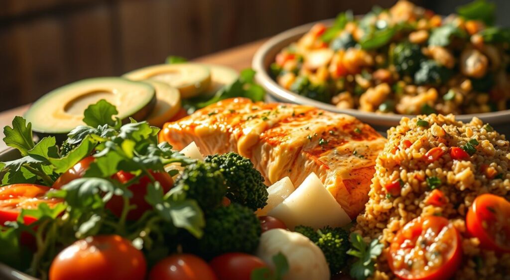 A beautifully lit, close-up shot of an assortment of diabetic-friendly dinner options. In the foreground, a vibrant salad with leafy greens, tomatoes, and a creamy avocado dressing. In the middle ground, a grilled salmon fillet resting on a bed of steamed broccoli and cauliflower, drizzled with a tangy lemon-herb sauce. In the background, a hearty quinoa and vegetable stir-fry, seasoned with fragrant garlic and ginger. The scene is bathed in a warm, natural light, creating a cozy and inviting atmosphere, perfect for a nourishing and blood-sugar-friendly meal. A beautifully lit, close-up shot of an assortment of diabetic-friendly dinner options. In the foreground, a vibrant salad with leafy greens, tomatoes, and a creamy avocado dressing. In the middle ground, a grilled salmon fillet resting on a bed of steamed broccoli and cauliflower, drizzled with a tangy lemon-herb sauce. In the background, a hearty quinoa and vegetable stir-fry, seasoned with fragrant garlic and ginger. The scene is bathed in a warm, natural light, creating a cozy and inviting atmosphere, perfect for a nourishing and blood-sugar-friendly meal.