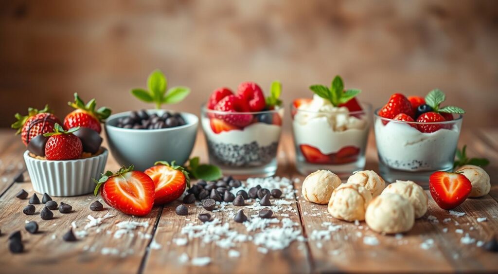A beautifully lit still life arrangement of an assortment of diabetic-friendly sweet treats on a rustic wooden table. In the foreground, an array of colorful, bite-sized desserts, including sugar-free chocolate-dipped strawberries, creamy chia pudding with fresh berries, and bite-sized coconut macaroons. The middle ground features a scatter of ingredients like dark chocolate chips, shredded coconut, and fresh mint leaves. The background is softly blurred, creating a warm, inviting atmosphere. The lighting is natural and diffused, highlighting the textures and vibrant colors of the delectable snacks. The overall composition is balanced and visually appealing, showcasing a delightful and healthy alternative to satisfy sweet cravings.
