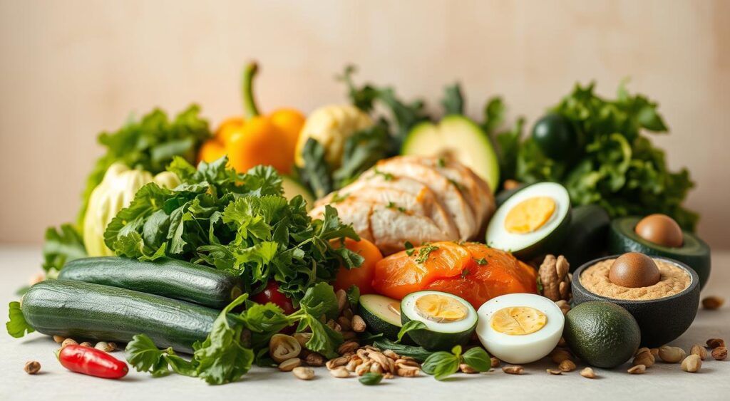 A beautifully lit still life showcasing an array of low-carb meal options against a soft, neutral background. In the foreground, a variety of fresh vegetables, such as leafy greens, zucchini, and bell peppers, are neatly arranged. In the middle ground, lean protein sources like grilled chicken, salmon, and hard-boiled eggs take center stage. In the background, a scattering of healthy fats, including avocado slices, nuts, and seeds, completes the balanced low-carb spread. The lighting is warm and natural, casting a gentle glow over the scene and highlighting the vibrant colors and textures of the ingredients. The overall composition conveys a sense of simplicity, health, and culinary sophistication.