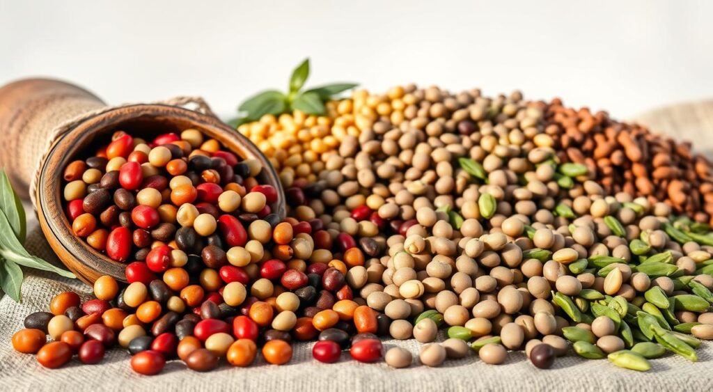 A bountiful arrangement of assorted beans and legumes, bathed in warm, natural lighting. In the foreground, vibrant kidney beans, garbanzo beans, and lentils spill out of a rustic, wooden bowl, their colors rich and earthy. In the middle ground, plump, whole soybeans and green mung beans are scattered across a textured, linen cloth, casting soft shadows. The background features a clean, white wall, allowing the vibrant produce to take center stage. The scene exudes a sense of health, wholesomeness, and the bountiful goodness of protein-packed, cholesterol-lowering foods.