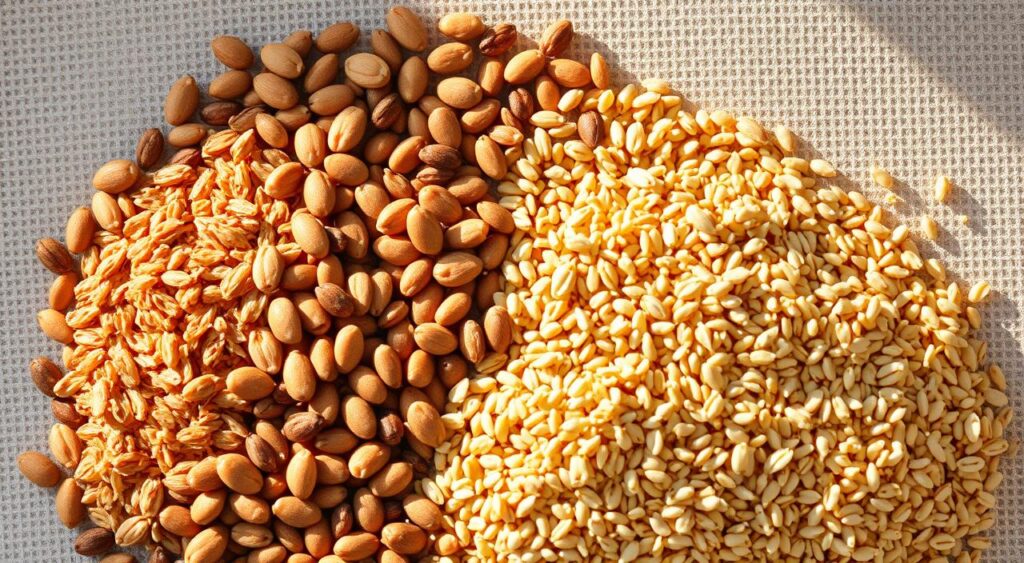 A bountiful arrangement of whole grains, including plump brown rice, hearty barley, and golden quinoa, bathed in warm, natural lighting. The grains are displayed against a neutral, textured background, creating a sense of wholesome simplicity. The composition emphasizes the diverse textures and earthy tones of the grains, conveying their nutritional richness and the benefits they offer for brain health. The scene has a tranquil, rustic atmosphere, inviting the viewer to appreciate the versatility and goodness of these ancient, whole food staples.