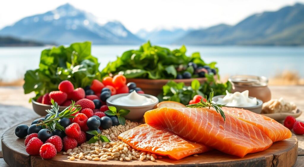 A bountiful display of Nordic diet staples, captured in a warm, natural light. In the foreground, an artful arrangement of fresh salmon, vibrant berries, and hearty whole grains. Behind, a rustic wooden table showcases crisp greens, creamy skyr, and fragrant herbs. In the background, a serene Scandinavian landscape, with snow-capped mountains and a calming body of water. The scene exudes a sense of simplicity, purity, and the harmony between nature and nourishment.