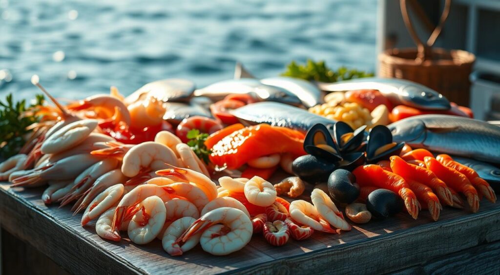 A bountiful display of fresh seafood on a rustic wooden table, bathed in warm, natural lighting. In the foreground, an assortment of gleaming, plump shrimp, tender scallops, and succulent mussels, arranged with care. In the middle ground, a selection of whole, glistening fish - perhaps a vibrant salmon, a firm-fleshed halibut, and a briny, silvery mackerel. The background features a subtle, blurred seascape, hinting at the ocean origins of this pescatarian feast. The overall scene evokes a sense of coastal abundance, healthy living, and the pleasures of a pescatarian lifestyle.
