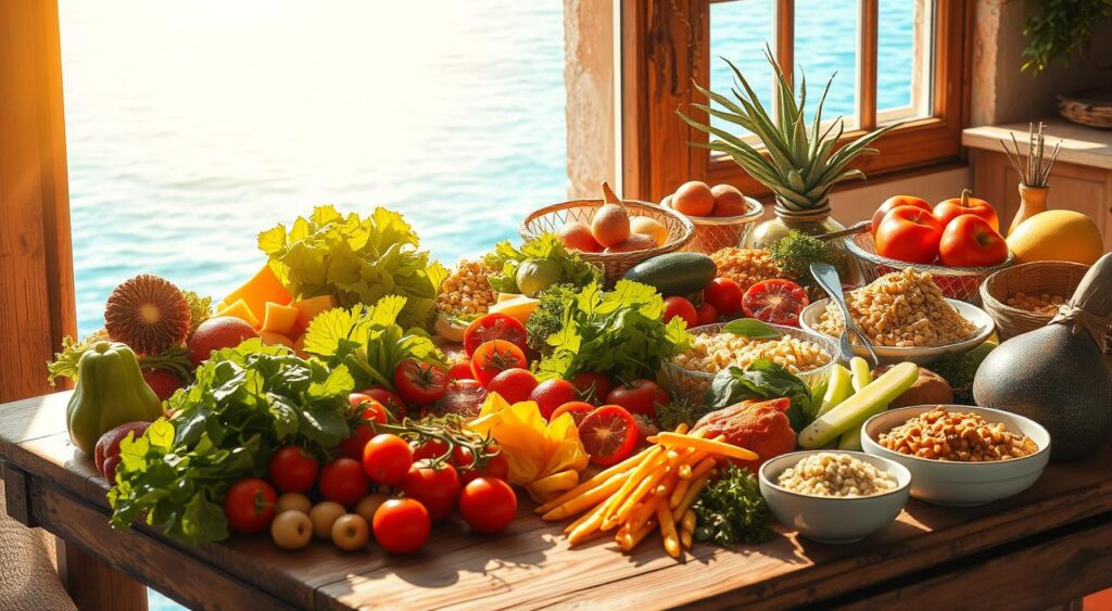 A bountiful spread of Mediterranean delights on a rustic wooden table, bathed in warm, golden sunlight filtering through a window. In the foreground, a selection of fresh vegetables, crisp greens, and vibrant fruits, arranged with care. In the middle ground, a variety of whole grains, legumes, and healthy proteins, complemented by aromatic herbs and spices. In the background, a glimpse of the azure blue waters of the Mediterranean, evoking a sense of tranquility and balance. The overall composition captures the essence of a nourishing, well-balanced 3-day Mediterranean meal plan, inviting the viewer to savor the flavors and embrace the Mediterranean lifestyle.