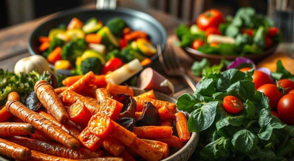 A bountiful spread of diabetic-friendly evening meals, showcasing the vibrant colors and textures of nutrient-dense vegetables. In the foreground, an array of roasted root vegetables, such as carrots, beets, and sweet potatoes, glistening under warm, golden lighting. In the middle ground, a hearty vegetable stir-fry with broccoli, bell peppers, and zucchini, sizzling in a wok. In the background, a leafy green salad with a variety of greens, tomatoes, and a light, tangy dressing. The scene is framed by a rustic wooden table, creating a cozy, inviting atmosphere. The focus is on the power of vegetables to nourish the body and support healthy blood sugar management. A bountiful spread of diabetic-friendly evening meals, showcasing the vibrant colors and textures of nutrient-dense vegetables. In the foreground, an array of roasted root vegetables, such as carrots, beets, and sweet potatoes, glistening under warm, golden lighting. In the middle ground, a hearty vegetable stir-fry with broccoli, bell peppers, and zucchini, sizzling in a wok. In the background, a leafy green salad with a variety of greens, tomatoes, and a light, tangy dressing. The scene is framed by a rustic wooden table, creating a cozy, inviting atmosphere. The focus is on the power of vegetables to nourish the body and support healthy blood sugar management.