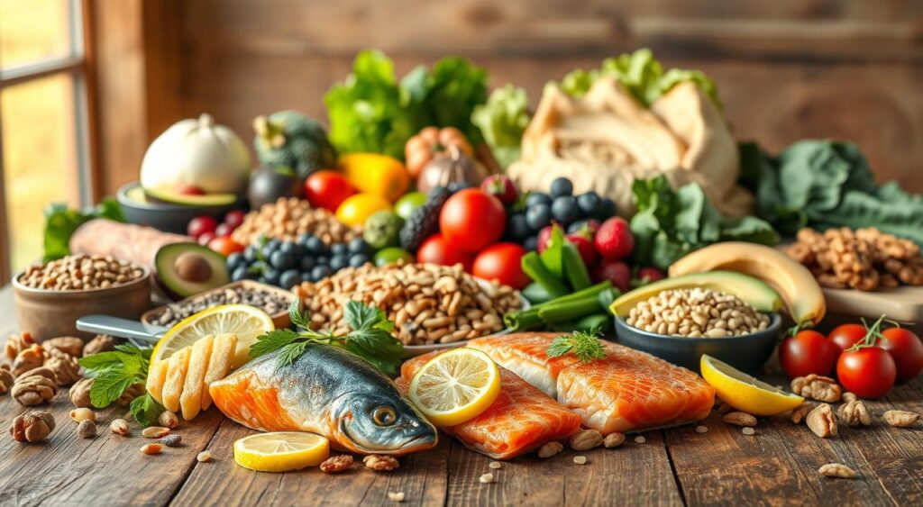 A bountiful spread of vibrant, nutrient-dense foods arranged on a rustic wooden table, illuminated by warm, natural lighting. In the foreground, a selection of heart-healthy fish like salmon and mackerel, drizzled with lemon. Surrounding them, a variety of nuts, seeds, and legumes like walnuts, chia, and lentils. In the middle ground, an array of colorful fruits and vegetables, such as avocados, berries, leafy greens, and cruciferous veggies. In the background, a subtle hint of a serene, pastoral landscape, evoking a sense of wholesome, nourishing abundance. The overall mood is one of simplicity, wellness, and a celebration of the natural goodness of food to support heart health and lower triglycerides.