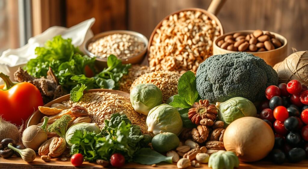 A bountiful still life featuring an array of fiber-rich foods for managing insulin resistance, illuminated by warm, natural lighting. In the foreground, a selection of vibrant vegetables including leafy greens, broccoli, and brussels sprouts. In the middle ground, whole grains such as quinoa, oats, and brown rice. In the background, a variety of nuts, seeds, and berries. The composition is balanced and inviting, conveying the power and deliciousness of a diet focused on stabilizing blood sugar levels.