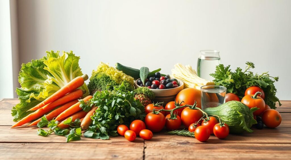 A bountiful still life of fresh, low-calorie density foods arranged on a rustic wooden table. In the foreground, an array of vibrant vegetables - crisp lettuce, crunchy carrots, juicy tomatoes, and aromatic herbs - casting warm, natural light. In the middle ground, a bowl of plump, juicy berries and a glass of refreshing water. The background features a minimalist, airy space with soft, diffused lighting, emphasizing the simplicity and wholesomeness of the scene. The composition evokes a sense of nourishment, balance, and the abundance of nature's healthiest offerings.