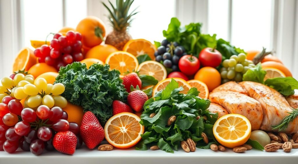 A bountiful still life of vibrant South Beach diet foods, artfully arranged against a crisp, white backdrop. In the foreground, an array of juicy fruits - glistening grapes, ripe strawberries, and tangy citrus slices. Complementing them, a selection of fresh greens, including crisp kale, spinach, and arugula. In the middle ground, lean protein sources like grilled salmon, juicy chicken breasts, and crunchy nuts. The background hints at the coastal ambiance, with a subtle seascape visible through a window, bathed in soft, natural lighting. An inviting, health-conscious scene that captures the essence of the South Beach diet.