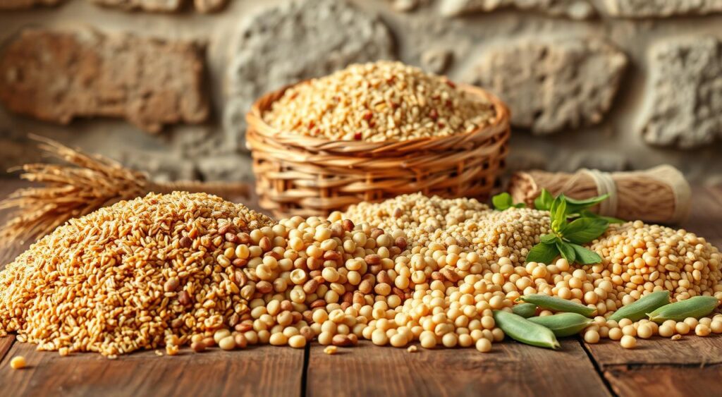 A bountiful still life scene of Mediterranean whole grains and legumes, captured in warm, natural lighting. In the foreground, a rustic wooden table is adorned with an assortment of earthy, nutrient-dense ingredients - golden bulgur wheat, rich brown lentils, creamy white chickpeas, and vibrant green fava beans. The middle ground features a woven basket overflowing with fragrant basmati rice and nutty quinoa. In the background, a wall of weathered stone creates a cozy, authentic ambiance, while a subtle vignette effect adds depth and focus to the composition. The overall mood is one of abundance, wholesomeness, and the comforting flavors of the Mediterranean diet.