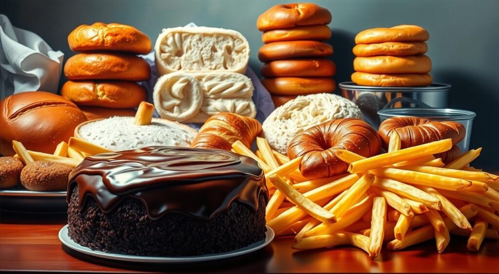 A bountiful still life showcasing an array of tempting yet forbidden delights for the South Beach dieter. In the foreground, a decadent chocolate cake, its rich frosting glistening under dramatic lighting, contrasts with a pile of crisp, golden french fries. In the middle ground, a stack of fluffy white bread and a tray of buttery croissants beckon, while in the background, a tower of sugary donuts and a steaming bowl of creamy pasta complete the temptation. The composition exudes a sense of indulgence, hinting at the allure and potential pitfalls of straying from the South Beach path.