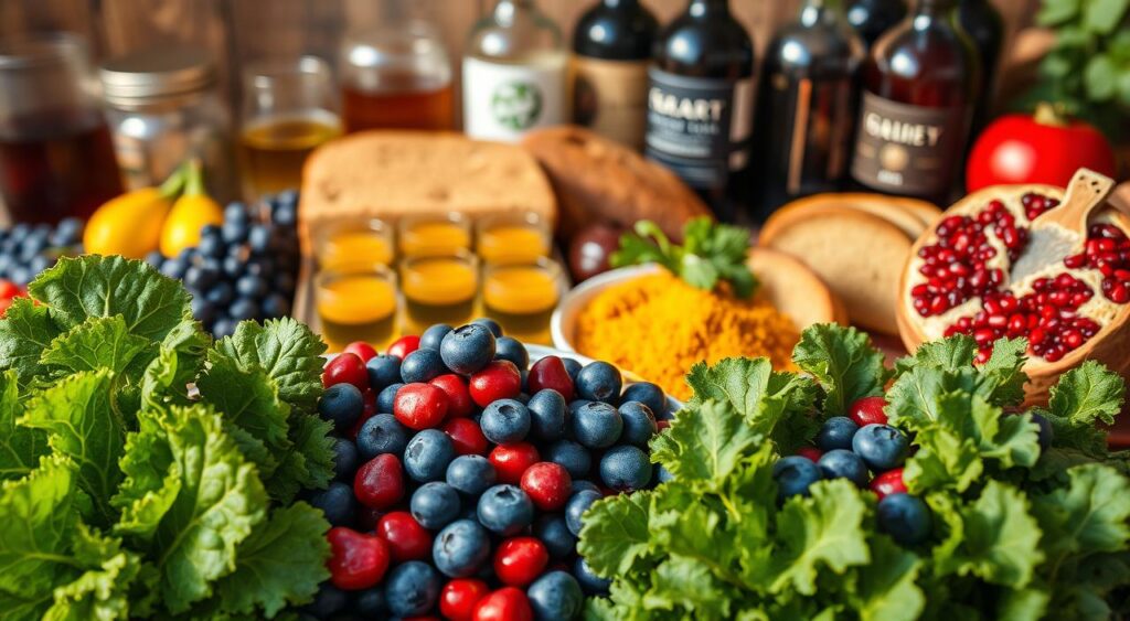 A bountiful still life showcasing an array of vibrant, nutrient-dense sirtfood ingredients. In the foreground, lush bunches of kale, vibrant blueberries, and juicy pomegranate arils burst with color. In the middle ground, a tray of golden turmeric shots and a plate of crisp, fresh-baked wholegrain bread. In the background, a collection of other sirtfoods like green tea, dark chocolate, and red wine bottles, all bathed in warm, natural light that casts a cozy, inviting atmosphere. The scene is captured with a medium-close perspective, highlighting the alluring textures and tantalizing details of these sirtfood superstars.