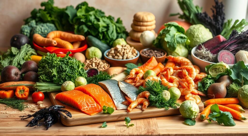 A bountiful table filled with a variety of nutrient-rich foods for optimal thyroid health. In the foreground, an assortment of seafood including fresh salmon, sardines, and shrimp, arranged artfully on a wooden board. Surrounding them, a vibrant array of leafy greens, cruciferous vegetables like broccoli and Brussels sprouts, and colorful root vegetables like sweet potatoes and beets. In the middle ground, a stack of Brazil nuts and a bowl of iodine-rich seaweed. The background is softly lit, creating a warm, inviting atmosphere that showcases the natural beauty and health benefits of these thyroid-supporting ingredients. Captured with a wide-angle lens to highlight the abundance and diversity of this curated thyroid-friendly feast.