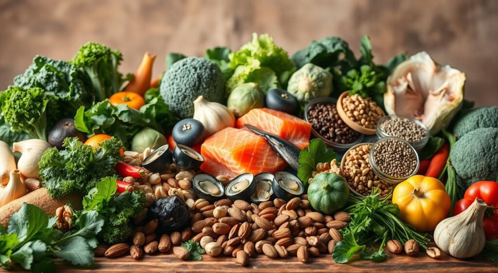 A bountiful table overflowing with a vibrant assortment of mineral-rich foods for optimal thyroid health. In the foreground, a mix of leafy greens, including kale and spinach, alongside cruciferous vegetables like broccoli and Brussels sprouts. In the middle ground, a selection of seafood, including salmon, oysters, and sardines, nestled among nuts and seeds, such as walnuts, almonds, and chia. In the background, a backdrop of earthy tones, with a subtle natural light illuminating the scene, conveying a sense of nourishment and vitality. The composition is balanced, inviting the viewer to explore the array of thyroid-supportive ingredients, each item captured in vivid, realistic detail.