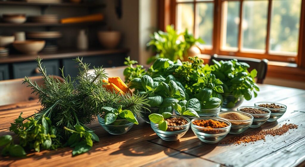 A bountiful wooden table set with a variety of fresh herbs and spices, including fragrant rosemary, earthy turmeric, vibrant basil, and aromatic cumin. The herbs are neatly arranged in small bowls, casting soft shadows on the rustic tabletop. Warm, diffused lighting from a large window illuminates the scene, creating a cozy and inviting atmosphere. The herbs and spices are the focal point, hinting at the flavorful and nutritious diabetic meal preparation to come. The overall composition emphasizes the importance of using diverse, wholesome ingredients to make delicious and diabetes-friendly dishes.