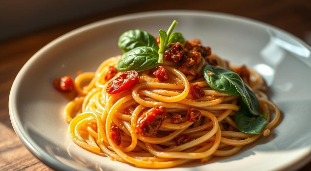 A bowl of freshly cooked spaghetti noodles, tossed with a rich and creamy sun-dried tomato sauce, garnished with vibrant green spinach leaves. The pasta glistens under warm, diffused lighting, creating an inviting and comforting atmosphere. The sun-dried tomatoes add a burst of intense, concentrated flavor, while the spinach provides a fresh, earthy balance. The image captures the perfect harmony of textures and flavors, making this a delightful and satisfying weeknight pasta dish. A bowl of freshly cooked spaghetti noodles, tossed with a rich and creamy sun-dried tomato sauce, garnished with vibrant green spinach leaves. The pasta glistens under warm, diffused lighting, creating an inviting and comforting atmosphere. The sun-dried tomatoes add a burst of intense, concentrated flavor, while the spinach provides a fresh, earthy balance. The image captures the perfect harmony of textures and flavors, making this a delightful and satisfying weeknight pasta dish.