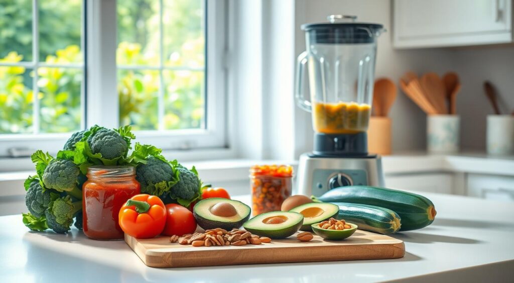 A bright, airy kitchen scene with a countertop showcasing an assortment of Whole30-friendly ingredients. In the foreground, fresh vegetables like broccoli, bell peppers, and zucchini are neatly arranged, complemented by a glass jar of homemade salsa. In the middle ground, a cutting board displays sliced avocado and a handful of nuts, while a high-quality blender stands ready to blend up a nutritious smoothie. The background features a window overlooking a lush, green garden, bathing the scene in natural light. The overall mood is one of simplicity, wellness, and a realistic approach to healthy eating.