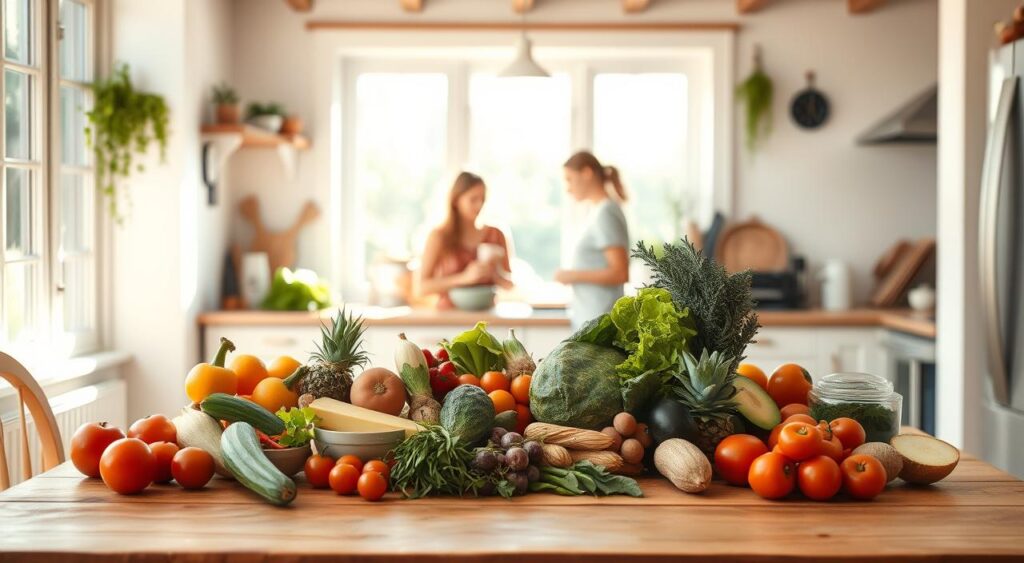 A bright, airy kitchen scene with a wooden table in the foreground, adorned with a variety of low-FODMAP friendly ingredients. In the middle ground, a person is preparing a salad, showcasing the diverse range of vegetables and fruits permitted on the diet. The background features a large window, allowing natural light to flood the space, creating a warm and inviting atmosphere. The overall scene conveys the simplicity and nourishment of the low-FODMAP lifestyle, with a focus on whole, unprocessed foods.