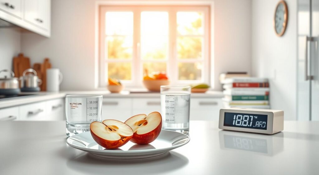 A bright, airy kitchen with a clean, minimalist aesthetic. In the foreground, a plate with two halves of an apple, a glass of water, and a digital clock displaying 8:00 AM. Behind it, a set of measuring cups, a bowl of fruits, and a stack of books on nutrition and healthy eating. In the background, a large window floods the space with natural light, casting a warm glow and creating a sense of tranquility. The overall mood is one of balance, discipline, and a commitment to wellness, perfectly encapsulating the essence of the 16/8 intermittent fasting regime.