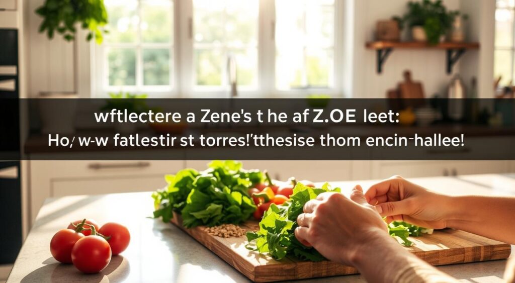A bright, airy kitchen with natural light streaming in through large windows. On the countertop, a cutting board with fresh produce - leafy greens, vibrant vegetables, and a few key ingredients like olive oil and whole grains. In the foreground, a person's hands carefully assembling a balanced meal, capturing the essence of the Zone Diet's 40/30/30 macronutrient ratio. The overall atmosphere is calm, inviting, and educational, guiding the viewer on how to start incorporating the Zone principles into their daily cooking and eating habits.