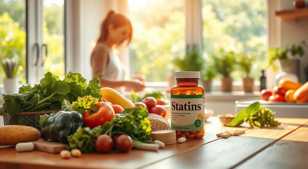 A bright, sunlit kitchen scene with a wooden table in the foreground, laden with a variety of fresh, healthy ingredients - leafy greens, vibrant fruits, whole grains, and a pill bottle labeled 