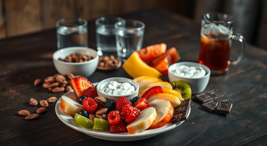 A brightly lit, close-up photograph of a diverse selection of healthy midnight snacks arranged on a dark, rustic wooden table. In the foreground, a plate of fresh fruit including sliced apples, berries, and kiwi, accompanied by a small bowl of Greek yogurt. In the middle ground, a handful of raw almonds and a few pieces of dark chocolate. In the background, a glass of ice water and a mug of herbal tea, all illuminated by soft, warm lighting creating a cozy, inviting atmosphere.