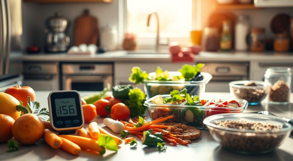 A brightly lit kitchen counter showcases a spread of meal prep essentials for a CGM-guided diet. In the foreground, a continuous glucose monitor device rests alongside fresh vegetables, lean proteins, and healthy grains. In the middle ground, hands carefully assemble a nutritious lunch box, with each ingredient chosen to optimize blood sugar levels. The background features kitchen appliances, spice jars, and cooking utensils, creating a cozy, organized atmosphere conducive to mindful meal planning. Warm, natural lighting filters in, emphasizing the fresh, wholesome ingredients and the thoughtful process of fueling the body based on real-time glucose data.