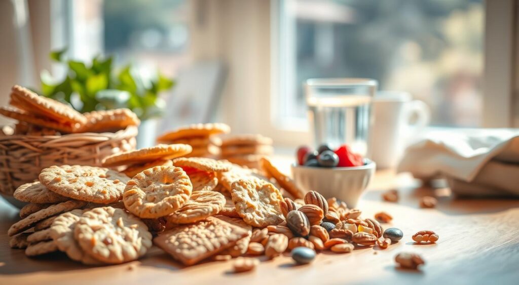 A brightly lit, still life composition showcasing an assortment of healthy snacks suitable for managing type 2 diabetes. In the foreground, a selection of complex carbohydrates such as whole grain crackers, oatmeal cookies, and mixed nuts are artfully arranged on a wooden surface. The middle ground features a glass of water and a small bowl of fresh berries, symbolizing the importance of hydration and fiber-rich foods. In the background, a potted plant and natural light streaming through a window create a soothing, relaxing atmosphere. The overall scene conveys a sense of balance, moderation, and mindful snacking for individuals managing their diabetes through a thoughtful approach to carbohydrate intake.