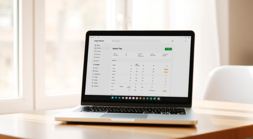 A clean, minimalist desktop view with a sleek, white WW (Weight Watchers) points tracking app displayed on a laptop screen. The app interface shows a simple, intuitive layout with neatly organized sections for logging daily food intake, activity, and points balance. Soft, diffused lighting from a window casts a warm, natural glow across the scene. The laptop is positioned at a slight angle, creating a sense of depth and inviting the viewer to engage with the content. The background is blurred, keeping the focus on the app interface and conveying a sense of professionalism and efficiency.