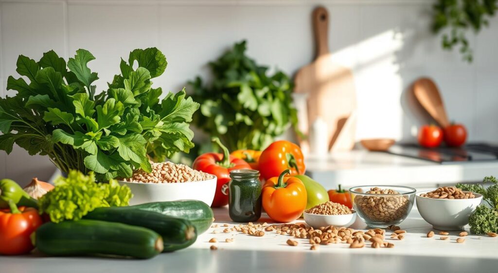 A clean, minimalist kitchen counter with various low-FODMAP ingredients arranged neatly: fresh leafy greens, a variety of vegetables like zucchini, bell peppers, and tomatoes, along with gluten-free grains and nuts. Soft, natural lighting illuminates the scene, creating a warm, inviting atmosphere. The focus is on the simplicity and health-conscious nature of the low-FODMAP diet, conveying a sense of balance and wellness.