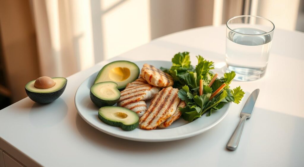 A clean, modern table setting with a plain white plate, a glass of water, and a neatly arranged selection of low-carb foods such as avocado slices, grilled chicken, and fresh leafy greens. Warm, natural lighting illuminates the scene, creating a calming, health-focused atmosphere. The composition is balanced and visually appealing, showcasing the daily calorie goals for a low-carb diet in an aspirational, motivational way. A clean, modern table setting with a plain white plate, a glass of water, and a neatly arranged selection of low-carb foods such as avocado slices, grilled chicken, and fresh leafy greens. Warm, natural lighting illuminates the scene, creating a calming, health-focused atmosphere. The composition is balanced and visually appealing, showcasing the daily calorie goals for a low-carb diet in an aspirational, motivational way.