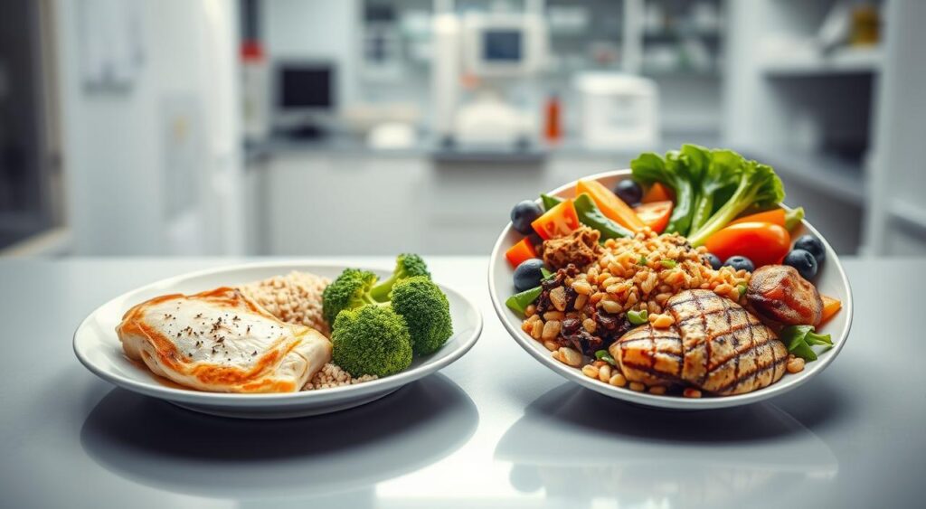 A clinical laboratory setting with two contrasting plates on a clean, well-lit table. On the left, a low-carb plate featuring grilled chicken, steamed broccoli, and a small portion of quinoa. On the right, a balanced plate showcasing a variety of whole grains, lean proteins, and fresh vegetables. The lighting is soft and even, emphasizing the vibrant colors and textures of the food. The camera angle is slightly elevated, capturing the plates from an informative, educational perspective. The overall mood is one of thoughtful consideration, guiding the viewer to make an informed decision about their dietary needs. A clinical laboratory setting with two contrasting plates on a clean, well-lit table. On the left, a low-carb plate featuring grilled chicken, steamed broccoli, and a small portion of quinoa. On the right, a balanced plate showcasing a variety of whole grains, lean proteins, and fresh vegetables. The lighting is soft and even, emphasizing the vibrant colors and textures of the food. The camera angle is slightly elevated, capturing the plates from an informative, educational perspective. The overall mood is one of thoughtful consideration, guiding the viewer to make an informed decision about their dietary needs.