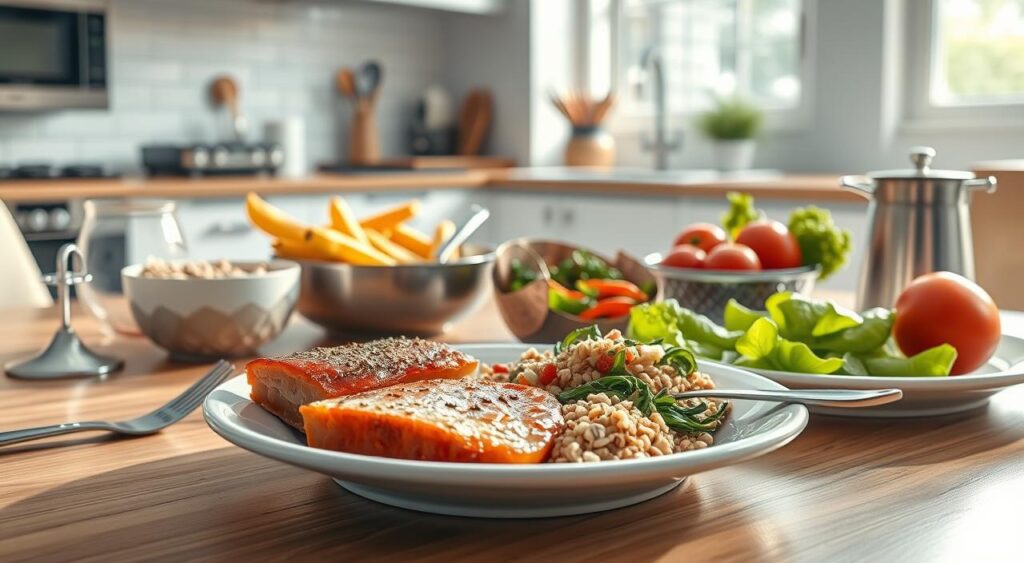 A close-up, highly detailed digital illustration showcasing a table setting with various healthy heart-friendly food portions. In the foreground, a plate features a balanced meal with appropriate servings of lean protein, whole grains, and vibrant vegetables, demonstrating appropriate portion control. The middle ground shows kitchen utensils and measurement tools, emphasizing the importance of mindful meal preparation. The background depicts a minimalist, well-lit kitchen setting with natural light flooding the scene, creating a warm and inviting atmosphere. The overall composition aims to convey the message of making heart-healthy choices through conscious portion management. A close-up, highly detailed digital illustration showcasing a table setting with various healthy heart-friendly food portions. In the foreground, a plate features a balanced meal with appropriate servings of lean protein, whole grains, and vibrant vegetables, demonstrating appropriate portion control. The middle ground shows kitchen utensils and measurement tools, emphasizing the importance of mindful meal preparation. The background depicts a minimalist, well-lit kitchen setting with natural light flooding the scene, creating a warm and inviting atmosphere. The overall composition aims to convey the message of making heart-healthy choices through conscious portion management.