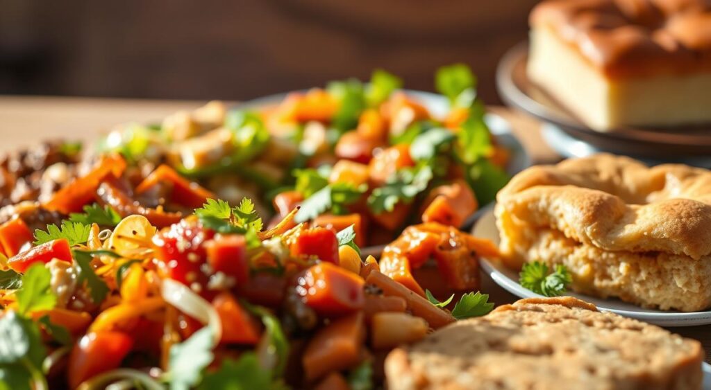 A close-up photograph of a beautifully arranged assortment of diabetic-friendly recipes. In the foreground, an array of vibrant, freshly prepared dishes, including a crisp salad, a hearty stew, and a delicate baked dessert. The lighting is soft and natural, casting warm shadows that accentuate the textures and colors of the food. In the middle ground, a wooden table or surface provides a rustic, earthy backdrop, complementing the healthy, homemade feel of the scene. The background is slightly blurred, allowing the focus to remain on the delectable dishes, which are presented in a way that showcases their nutritious and flavor-packed qualities, perfect for a diabetic-friendly diet. A close-up photograph of a beautifully arranged assortment of diabetic-friendly recipes. In the foreground, an array of vibrant, freshly prepared dishes, including a crisp salad, a hearty stew, and a delicate baked dessert. The lighting is soft and natural, casting warm shadows that accentuate the textures and colors of the food. In the middle ground, a wooden table or surface provides a rustic, earthy backdrop, complementing the healthy, homemade feel of the scene. The background is slightly blurred, allowing the focus to remain on the delectable dishes, which are presented in a way that showcases their nutritious and flavor-packed qualities, perfect for a diabetic-friendly diet.