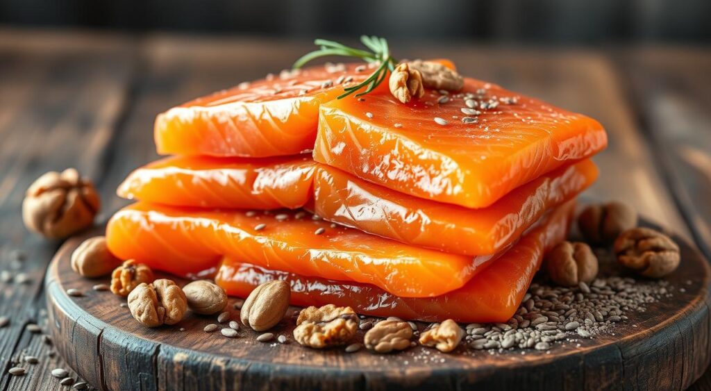 A close-up photograph of a stack of omega-3 rich foods, including fresh salmon fillets, walnuts, flaxseeds, and chia seeds, arranged on a rustic wooden surface. Soft, natural lighting casts a warm glow, highlighting the rich colors and textures of the ingredients. The composition is balanced, with the main subjects positioned in the center, framed by a neutral background that allows them to stand out. The image conveys a sense of health, nutrition, and culinary inspiration, perfectly suited to illustrate the 