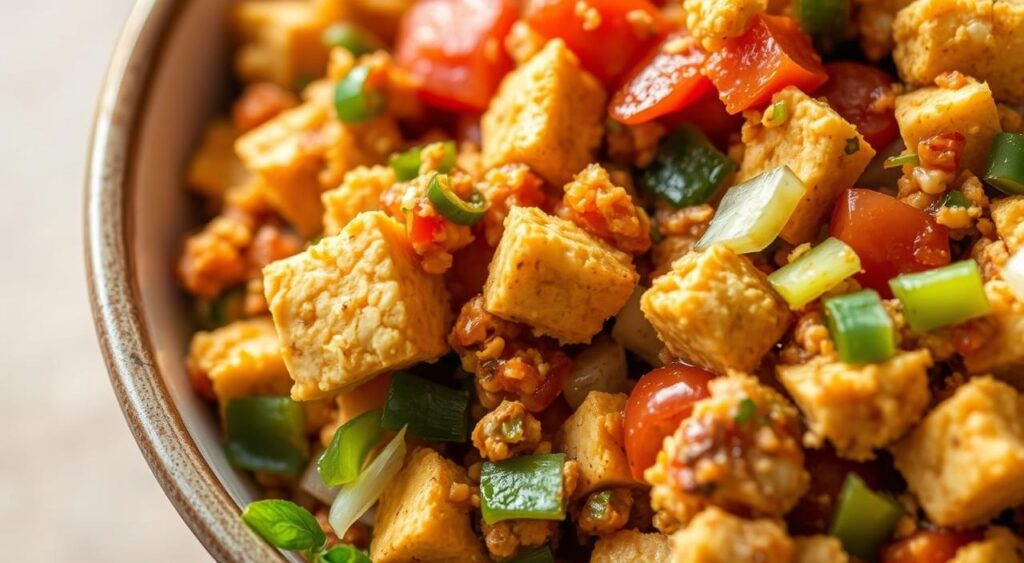 A close-up shot of a bowl filled with a vibrant and appetizing tofu taco filling. The tofu is crumbled and sautéed to a golden-brown, mixed with a blend of aromatic spices, diced tomatoes, and finely chopped onions and bell peppers. The filling has a rich, savory aroma and a lively, textural contrast. The lighting is soft and natural, highlighting the depth of color and the inviting, homemade quality of the dish. The camera angle is slightly elevated, giving a clear view of the filling's composition and creating a sense of depth and dimension. The background is blurred, allowing the tofu taco filling to be the focal point and the star of the image. A close-up shot of a bowl filled with a vibrant and appetizing tofu taco filling. The tofu is crumbled and sautéed to a golden-brown, mixed with a blend of aromatic spices, diced tomatoes, and finely chopped onions and bell peppers. The filling has a rich, savory aroma and a lively, textural contrast. The lighting is soft and natural, highlighting the depth of color and the inviting, homemade quality of the dish. The camera angle is slightly elevated, giving a clear view of the filling's composition and creating a sense of depth and dimension. The background is blurred, allowing the tofu taco filling to be the focal point and the star of the image.