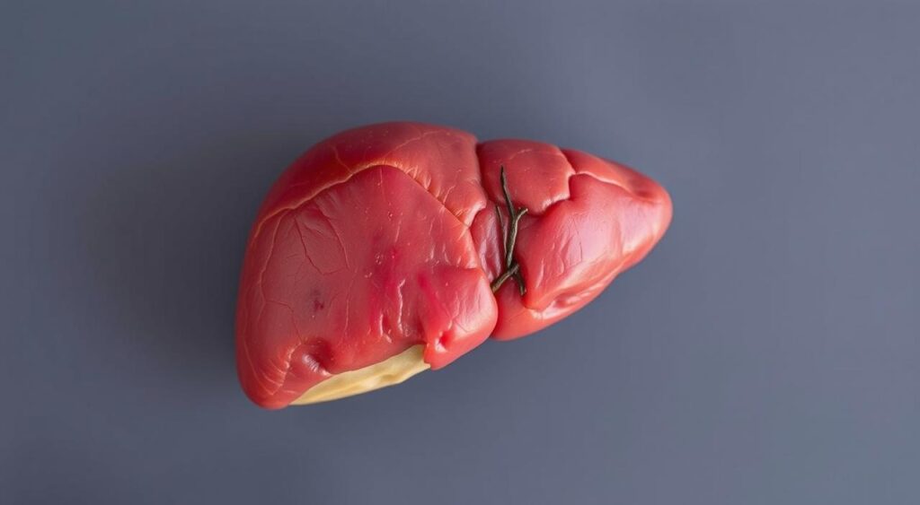 A close-up shot of a healthy human liver against a plain, muted background. The liver appears vibrant and unblemished, conveying a sense of vitality and wellness. Soft, diffused lighting from the side gently illuminates the organ, highlighting its natural textures and colors. The composition places the liver centrally, filling the frame and commanding the viewer's attention. The overall mood is one of balance and tranquility, suggesting that the liver, when functioning properly, does not require drastic 
