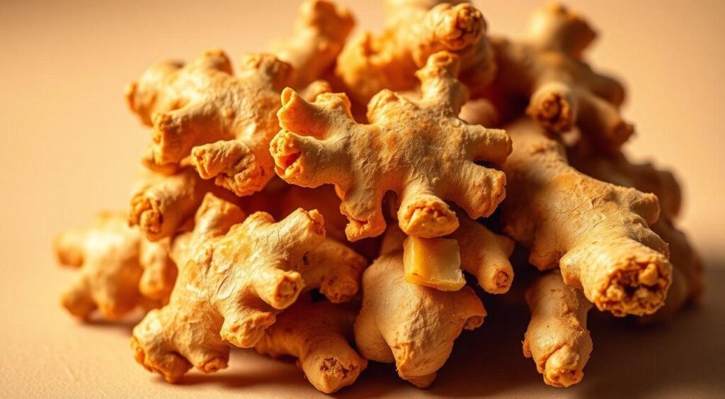 A close-up shot of a pile of fresh ginger root pieces, showcasing their distinctive orange-yellow hues and intricate textures. The ginger is positioned against a clean, minimalist background, allowing the root's natural beauty to take center stage. Warm, directional lighting casts subtle shadows, accentuating the root's dynamic shapes and highlighting its thermogenic properties. The image conveys a sense of scientific curiosity and the health benefits associated with ginger's metabolism-boosting effects, inviting the viewer to explore this powerful ingredient in greater depth.