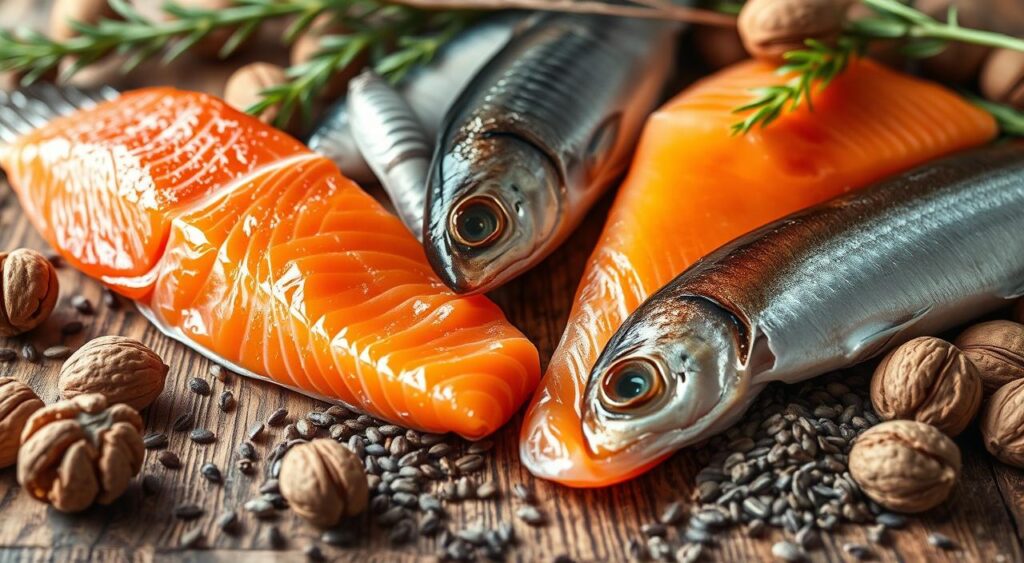 A close-up shot of a selection of fatty fish, such as salmon, mackerel, and sardines, arranged on a rustic wooden surface. The fish are glistening, their rich orange and pink hues contrasting beautifully against the natural wood tones. Surrounding the fish are scattered whole walnuts, flaxseeds, and chia seeds, symbolizing the omega-3 fatty acids that support liver health. The scene is illuminated by soft, natural lighting, creating a warm and inviting atmosphere. The focus is on the nutritious ingredients, conveying the message of how these fatty fish and their omega-3 content can nourish and soothe an inflamed liver.