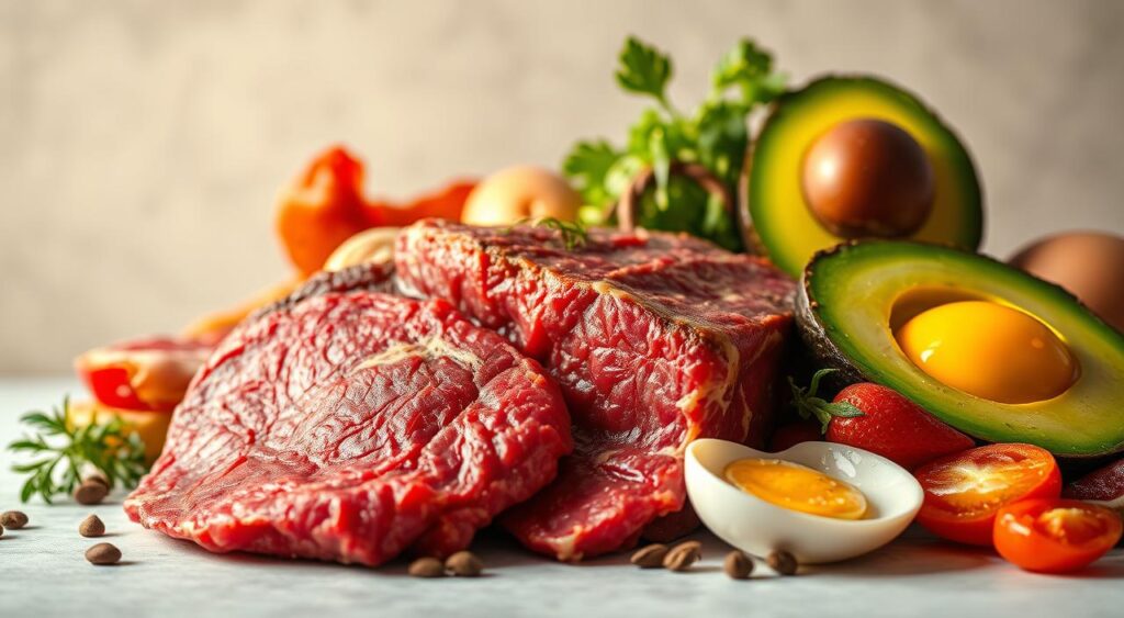 A close-up shot of a variety of nutrient-dense whole foods common in a carnivore diet, such as juicy red meat, crisp bacon, fresh eggs, and creamy avocado. The items are arranged artfully against a clean, minimalist background, bathed in warm, natural lighting that highlights their textures and vibrant colors. The overall composition conveys a sense of health, vitality, and the potential benefits of an animal-based diet, including improved body composition, mental clarity, and metabolic function.